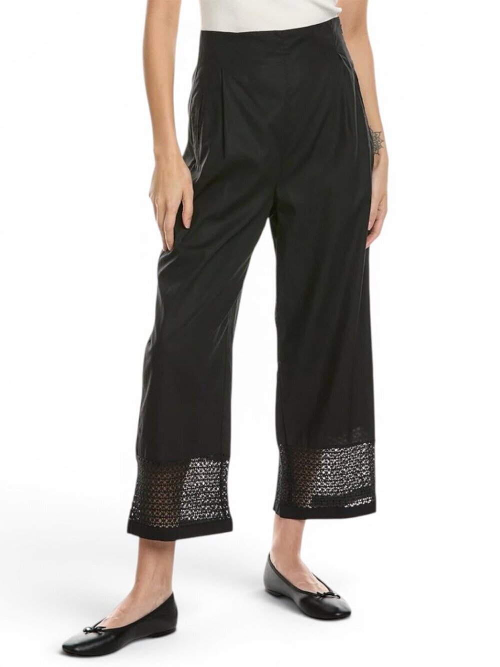 Merlette Leon Black Crochet Hem High Waist Wide Leg Pants 100% Cotton New NWT 14
